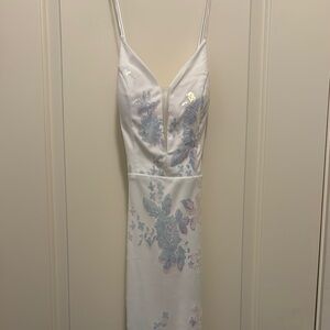 White Dress with Blue Floral Sequined Embroidery